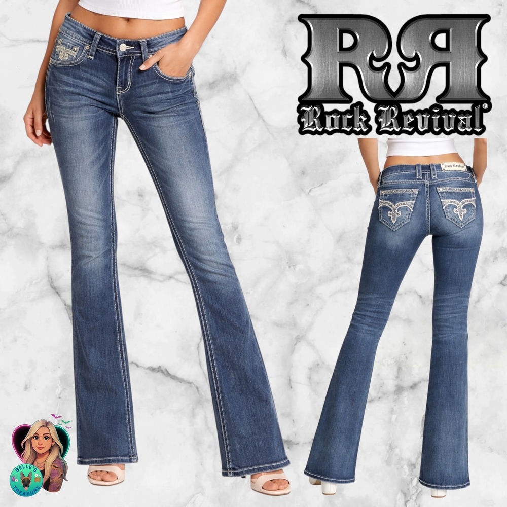 Rock Revival Jeans Womens 27 Meah Bootcut Low Rise Dark Rhinestone 30x34 Stretch